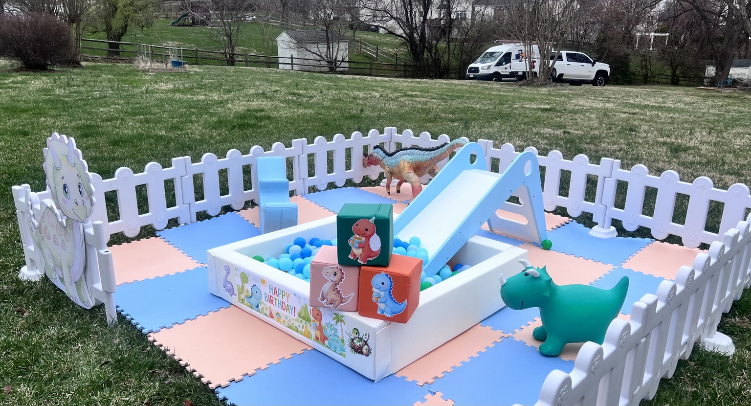 Mini Joy dinosaur themed soft play setup outdoors